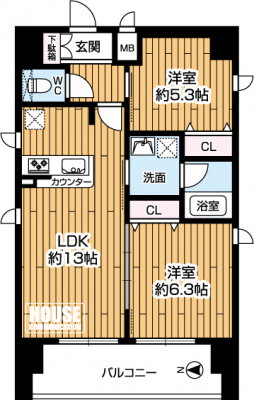 間取り図（販１マンション）　54.25�uの2LDK！　リビングは広々とした13畳　キッチンに窓があります♪