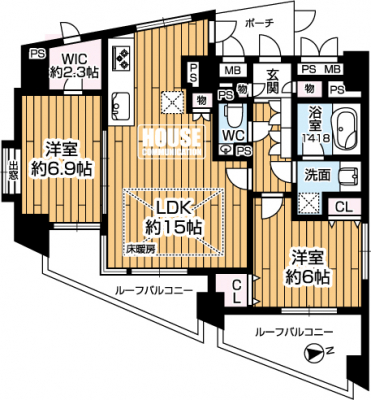 �Ԏ��}�i�̂P�}���V�����j�@��2LDK�E��L�ʐ�67.03�u�E���[�t�o���R�j�[�ʐ�15.68�u