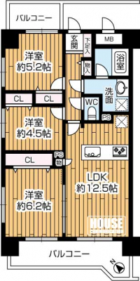 �Ԏ��}�i�̂P�}���V�����j�@��3LDK�A��L�ʐ�63.24��2�A�o���R�j�[�ʐ�13.22��2