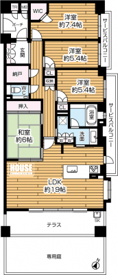 �Ԏ��}�i�̂P�}���V�����j�@ 4LDK�A���i5280���~�A��L�ʐ�102.91�u�o���R�j�[�i��p��j�ʐ�25.0�u�i�e���X�j14.4�u�C�A�쓌�����p�Z�ˁA�쓌�����e���X�A�����T�[�r�X�o���R�j�[�L��