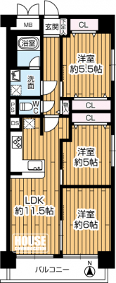 �Ԏ��}�i�̂P�}���V�����j�@��L�ʐ�61.56�u�A�[�˕t��2LDK�̊p�Z�˂ł��B