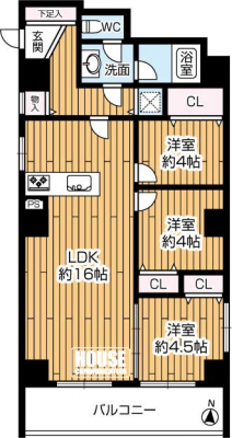 �Ԏ��}�i�̂P�}���V�����j�@��3LDK�A��L�ʐ�65.48�u�A�o���R�j�[�ʐ�7.95�u