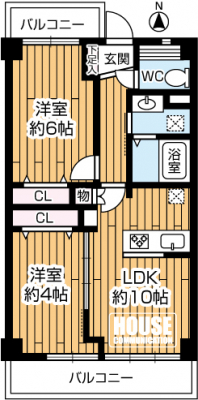 �Ԏ��}�i�̂P�}���V�����j�@��2LDK�A��L�ʐ�48.95�u�A�o���R�j�[�ʐ�11.53�u