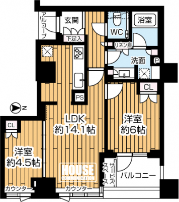 �Ԏ��}�i�̂P�}���V�����j�@��2LDK�A��L�ʐ�57.41�u�A�o���R�j�[�ʐ�3.80�u