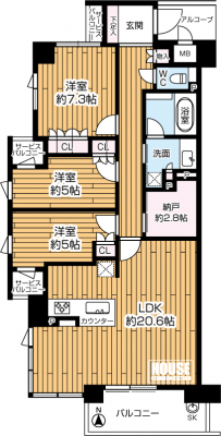 �Ԏ��}�i�̂P�}���V�����j�@��L�ʐ�90.24�u�A3LDK+S�A�쐼�p������