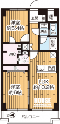 �Ԏ��}�i�̂P�}���V�����j�@��2LDK�A��L�ʐ�54.60�u�A�o���R�j�[�ʐ�6.27�u