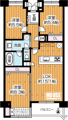 �Ԏ��}�i�̂P�}���V�����j�@��3LDK�A��L�ʐ�73.46�u�A�o���R�j�[�ʐ�5.04�u