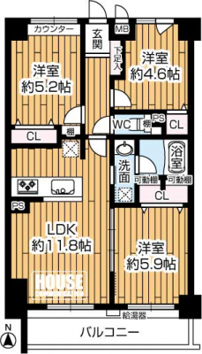 �Ԏ��}�i�̂P�}���V�����j�@��3LDK�A��L�ʐ�60.59�u�A�o���R�j�[�ʐ�7.84�u