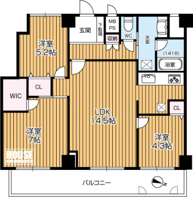 �Ԏ��}�i�̂P�}���V�����j�@��3LDK�A��L�ʐ�72.6�u�A�o���R�j�[�ʐ�12.55�u