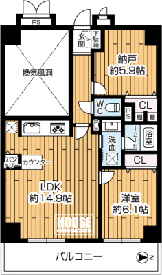 �Ԏ��}�i�̂P�}���V�����j�@��1SLDK�A��L�ʐ�57.84�u�A�o���R�j�[�ʐ�9.23�u