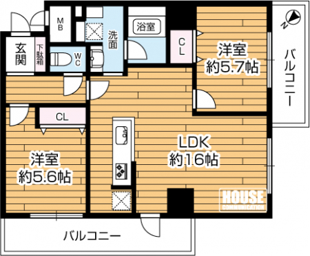 �Ԏ��}�i�̂P�}���V�����j�@��2LDK�A��L�ʐ�60.33�u�A�o���R�j�[�ʐ�11.44�u