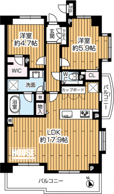 �Ԏ��}�i�̂P�}���V�����j�@��2LDK�A��L�ʐ�63.26m2�A�o���R�j�[�ʐ�10.95m2