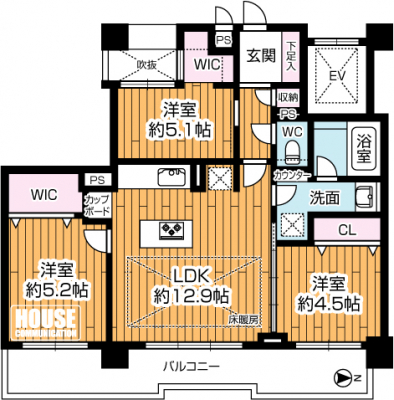 �Ԏ��}�i�̂P�}���V�����j�@��3LDK�A��L�ʐ�62.66m2�A�o���R�j�[�ʐ�11.63m2