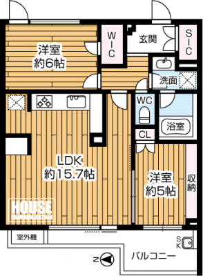 �Ԏ��}�i�̂P�}���V�����j�@��2LDK�A��L�ʐ�58.5m2�A�o���R�j�[�ʐ�12.07m2