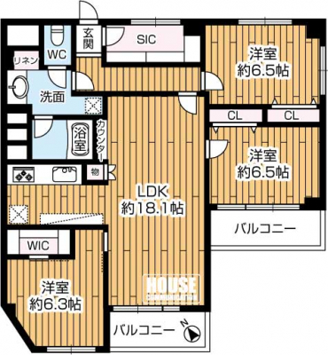 �Ԏ��}�i�̂P�}���V�����j�@��3LDK�E��L�ʐρF89.82�u�E�o���R�j�[��L�ʐρF9.00�u