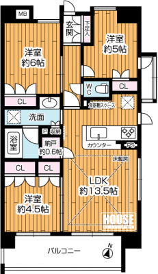 �Ԏ��}�i�̂P�}���V�����j�@��3LDK�A��L�ʐ�64.90m2�A�o���R�j�[�ʐ�10.13m2