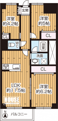 �Ԏ��}�i�̂P�}���V�����j�@��3LDK�A��L�ʐ�60.88�u�A�o���R�j�[�ʐϕs��