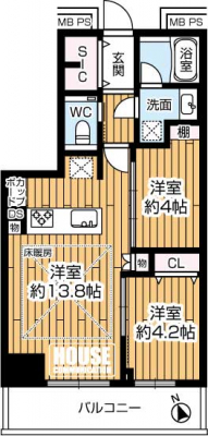 �Ԏ��}�i�̂P�}���V�����j�@��2LDK�A��L�ʐ�48.07m2�A�o���R�j�[�ʐ�6.66m2