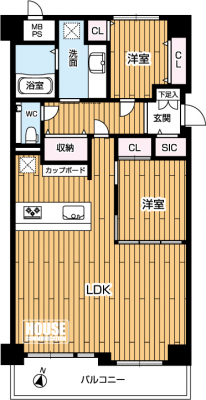 �Ԏ��}�i�̂P�}���V�����j�@��1SLDK�E��L�ʐ�63.99�u�E�o���R�j�[�ʐ�6.07�u