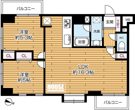 �Ԏ��}�i�̂P�}���V�����j�@��2LDK�A��L�ʐ�55.70�u�A�o���R�j�[�ʐ�5.71�u