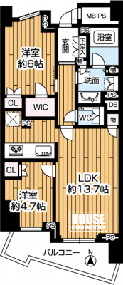 �Ԏ��}�i�̂P�}���V�����j�@��2LDK�A��L�ʐ�57.60m2�A�o���R�j�[�ʐ�8.58m2