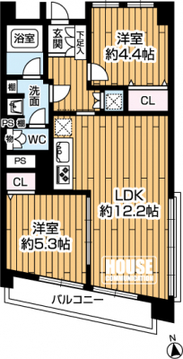 �Ԏ��}�i�̂P�}���V�����j�@��2LDK�A��L�ʐ�54.12m2�A�o���R�j�[�ʐ�5.72m2