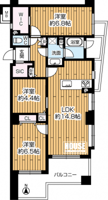 �Ԏ��}�i�̂P�}���V�����j�@��3LDK�A��L�ʐ�73.04m2�A�o���R�j�[�ʐ�14.02m2