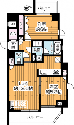 �Ԏ��}�i�̂P�}���V�����j�@��2LDK�A��L�ʐ�53.54m2�A�o���R�j�[�ʐ�11.27m2