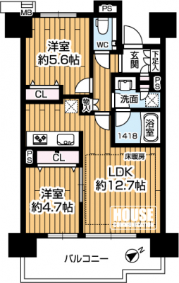 �Ԏ��}�i�̂P�}���V�����j�@��2LDK�E��L�ʐ�54.74�u�E�o���R�j�[�ʐ�10.29�u