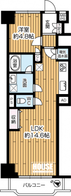 �Ԏ��}�i�̂P�}���V�����j�@��1LDK�E��L�ʐ�46.74�u�E�o���R�j�[�ʐ�4.84�u