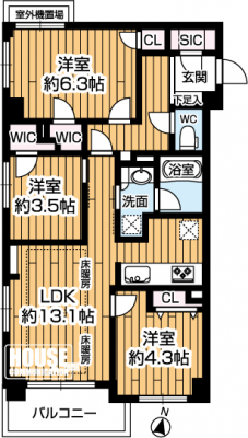 �Ԏ��}�i�̂P�}���V�����j�@��3LDK�A��L�ʐ�65.41�u�A�o���R�j�[�ʐ�5.35�u