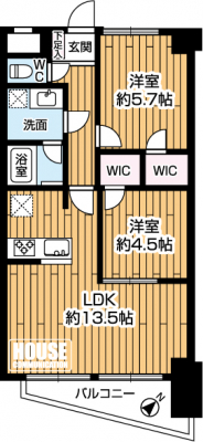 �Ԏ��}�i�̂P�}���V�����j�@��2LDK�A��L�ʐ�55�u�A�o���R�j�[�ʐ�5.75�u