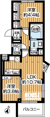 �Ԏ��}�i�̂P�}���V�����j�@��2LDK�A��L�ʐ�45.09�u�A�o���R�j�[�ʐ�4.50�u