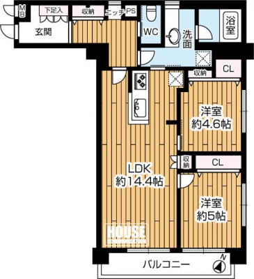 �Ԏ��}�i�̂P�}���V�����j�@��2LDK�A��L�ʐ�60.6�u�A�o���R�j�[�ʐ�4.92�u