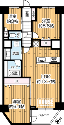 �Ԏ��}�i�̂P�}���V�����j�@��3LDK�A��L�ʐ�58.42�u�A�o���R�j�[�ʐϕs��