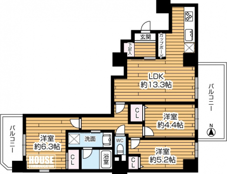 �Ԏ��}�i�̂P�}���V�����j�@��3LDK�A��L�ʐ�69.09�u�A�o���R�j�[�ʐ�5.5�u