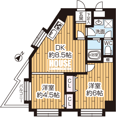 �Ԏ��}�i�̂P�}���V�����j�@��2DK�A��L�ʐ�44.18m2�A�o���R�j�[�ʐϕs��